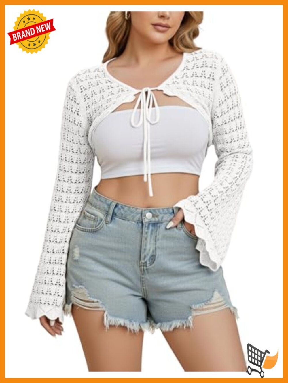 Plus Size Crochet Shrug Sweater Cardigan Bell Sleeve Tie Front Hollow Out